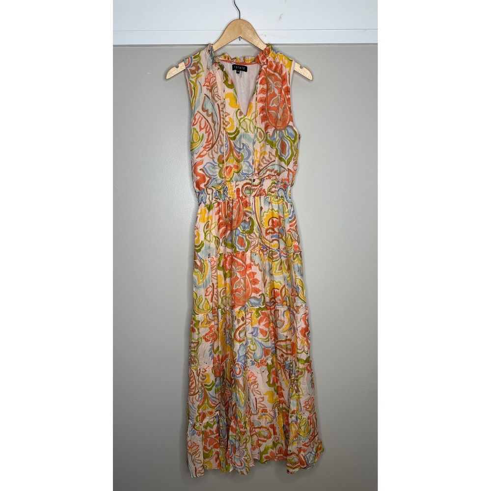 1. State Women's Maxi‎ Dress Floral Print V Neck Smocked Waist Tiered Medium